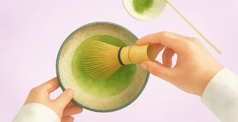 Preparación de matcha con chasen (batidor de bambú) en un chawan