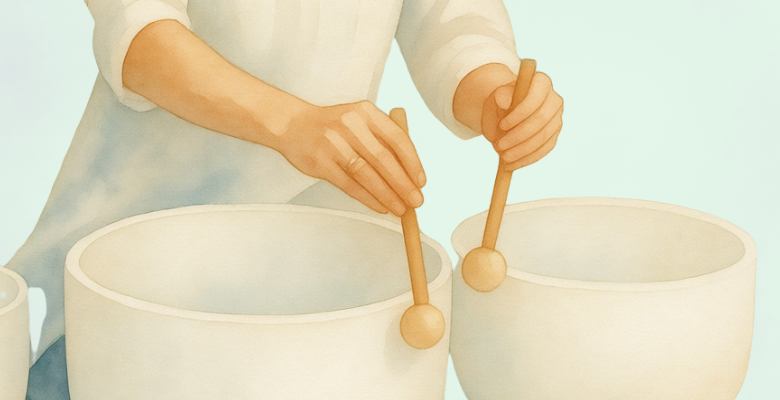 Manos tocando cuencos tibetanos durante una sesión de sonoterapia